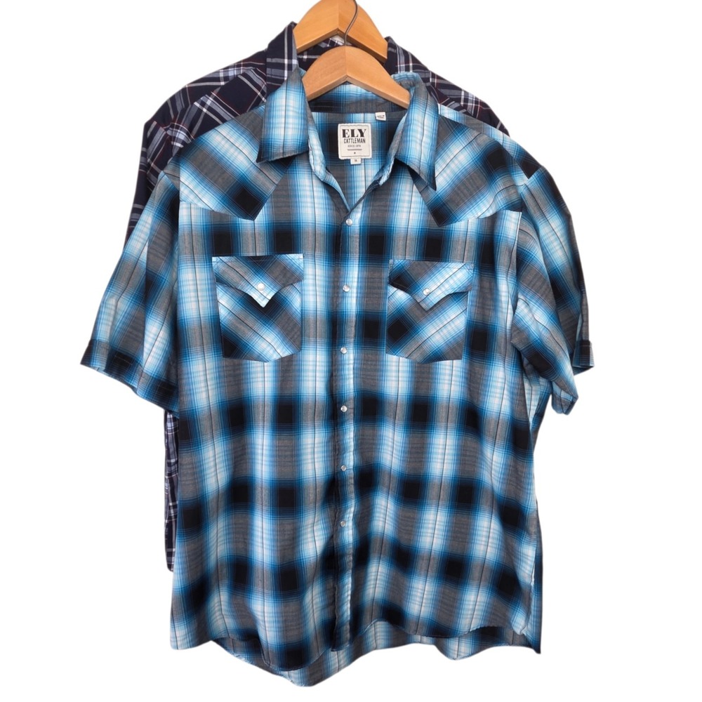 Ely Cattleman Mens Lot of 2 Pearl Snap Plaid Western Shirt SZ XL Rodeo Cowboy